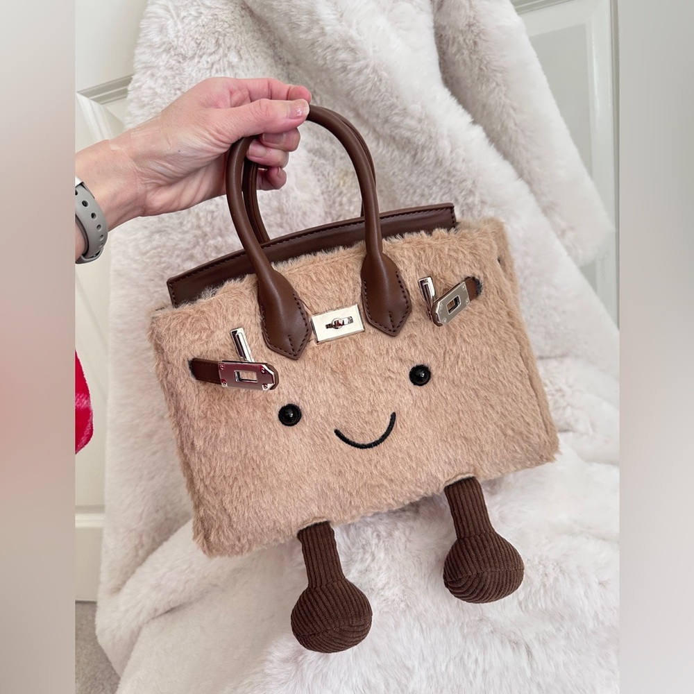 Plush Beige Faux-Fur Tote with Brown Leather Trim